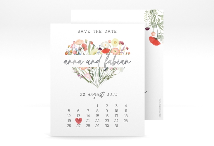 Save the Date-Kalenderblatt Wildblumenherz Kalenderblatt-Karte bunt silber