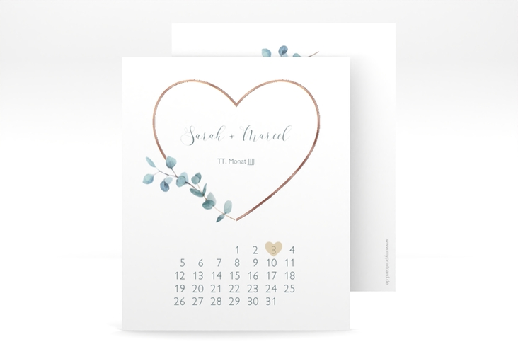 Save the Date-Kalenderblatt Greenheart Kalenderblatt-Karte gold rosegold mit elegantem Herz und Eukalyptus-Zweig