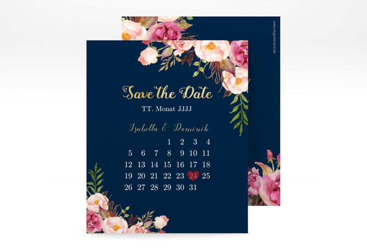 Save the Date-Kalenderblatt Flowers Kalenderblatt-Karte blau gold mit bunten Aquarell-Blumen