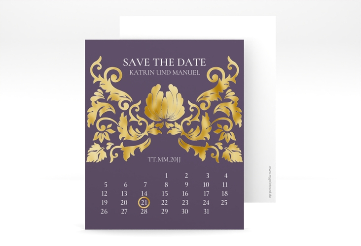 Save the Date-Kalenderblatt Royal Kalenderblatt-Karte lila gold mit barockem Blumen-Ornament