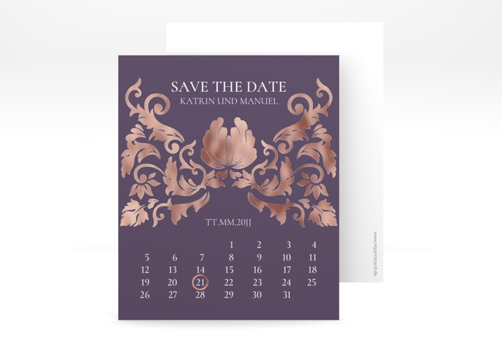 Save the Date-Kalenderblatt Royal Kalenderblatt-Karte lila rosegold mit barockem Blumen-Ornament