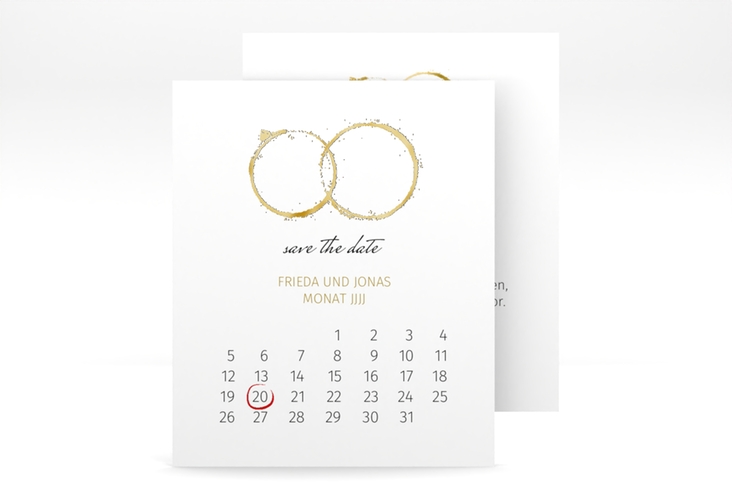 Save the Date-Kalenderblatt Trauringe Kalenderblatt-Karte gold gold minimalistisch gestaltet mit zwei Eheringen