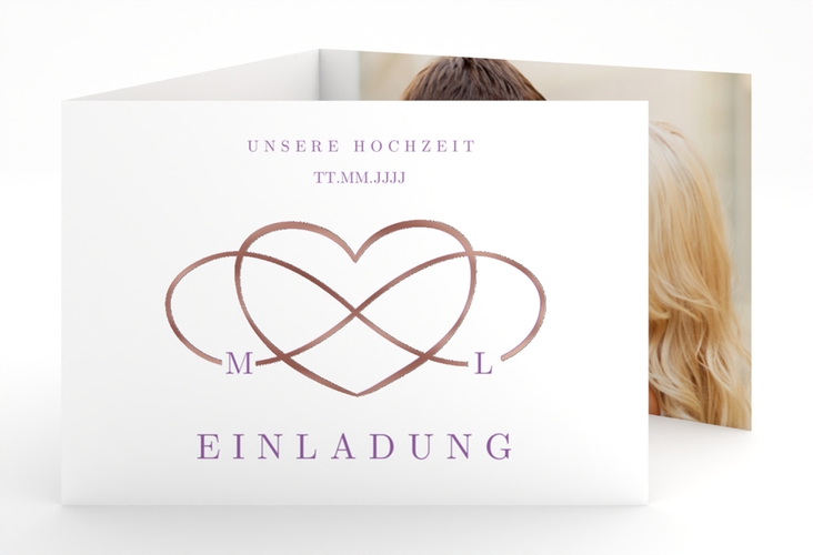 Hochzeitseinladung Infinity A6 Doppel-Klappkarte lila rosegold