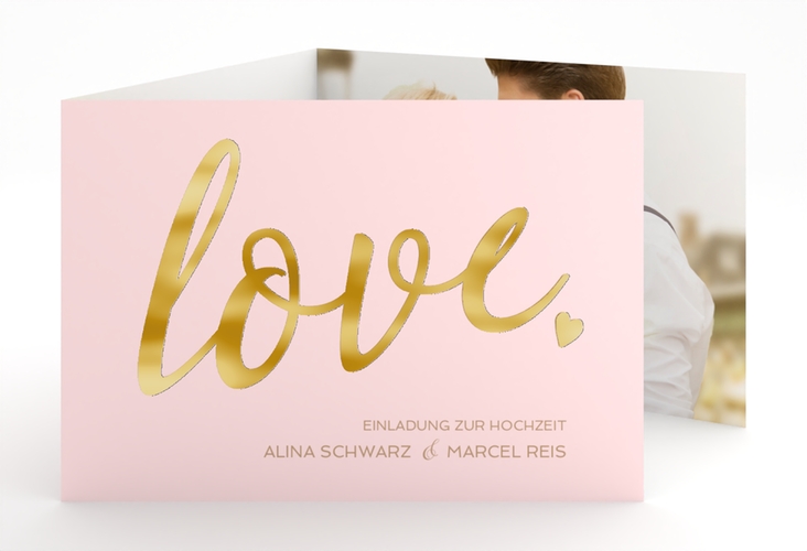 Hochzeitseinladung Glam A6 Doppel-Klappkarte rosa gold