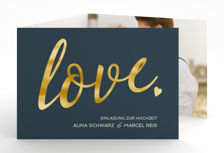 Hochzeitseinladung Glam A6 Doppel-Klappkarte blau gold