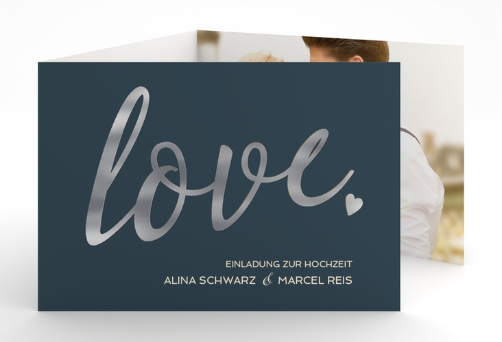 Hochzeitseinladung Glam A6 Doppel-Klappkarte blau silber