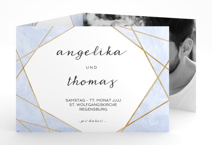 Hochzeitseinladung Asymmetry A6 Doppel-Klappkarte blau gold