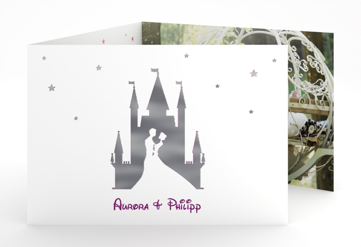 Hochzeitseinladung Castle A6 Doppel-Klappkarte pink silber