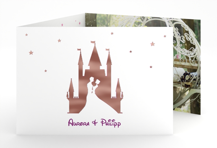 Hochzeitseinladung Castle A6 Doppel-Klappkarte pink rosegold