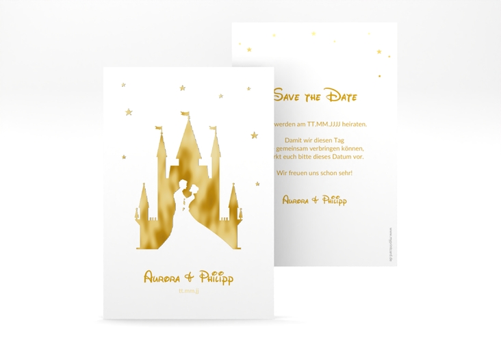 Save the Date-Karte Castle A6 Karte hoch gold gold