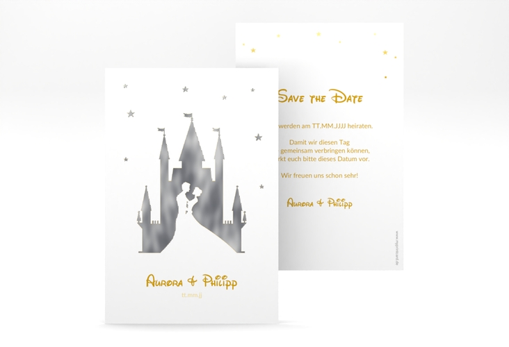 Save the Date-Karte Castle A6 Karte hoch gold silber