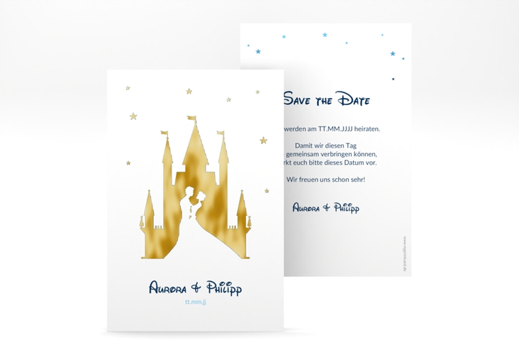 Save the Date-Karte Castle A6 Karte hoch blau gold