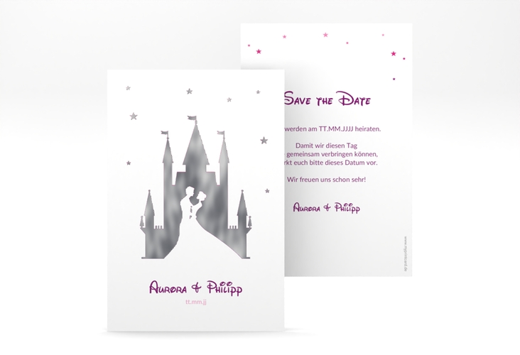 Save the Date-Karte Castle A6 Karte hoch pink silber