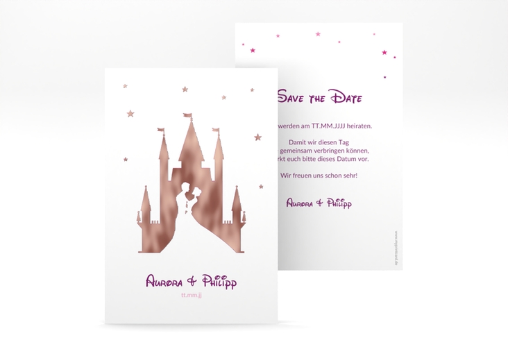 Save the Date-Karte Castle A6 Karte hoch pink rosegold