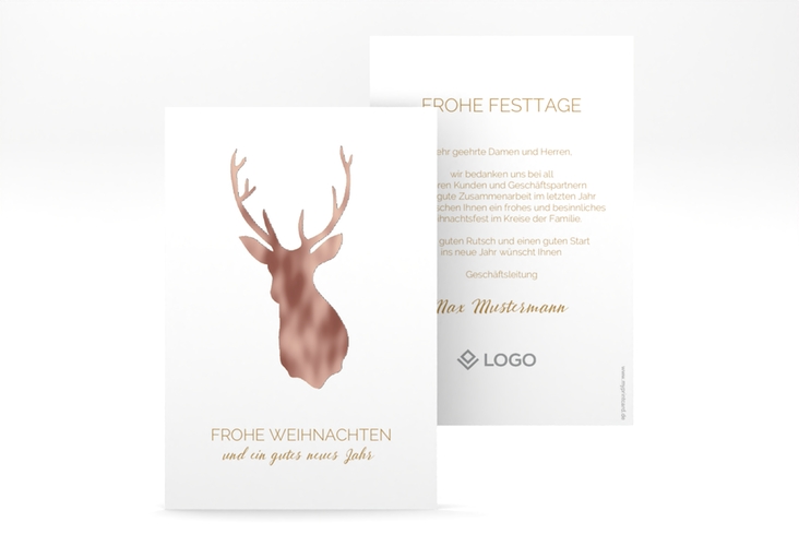 Geschäftliche Weihnachtskarte Deer A6 Karte hoch gold rosegold und weiß mit Hirsch