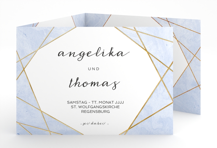 Hochzeitseinladung Asymmetry A6 Doppel-Klappkarte blau gold