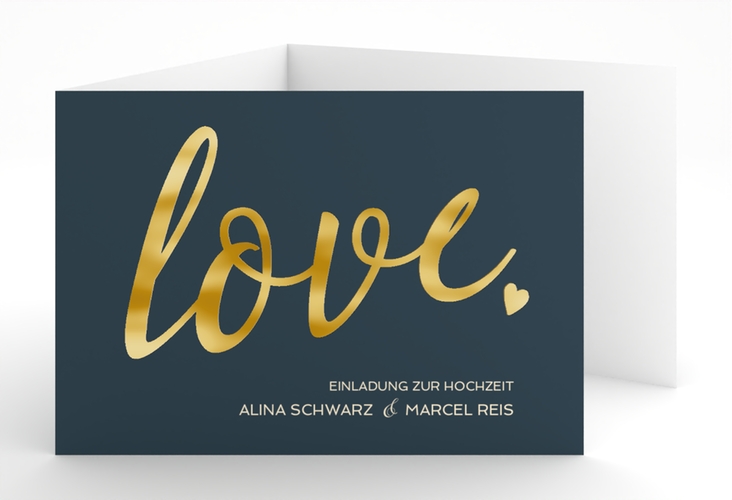 Hochzeitseinladung Glam A6 Doppel-Klappkarte blau gold