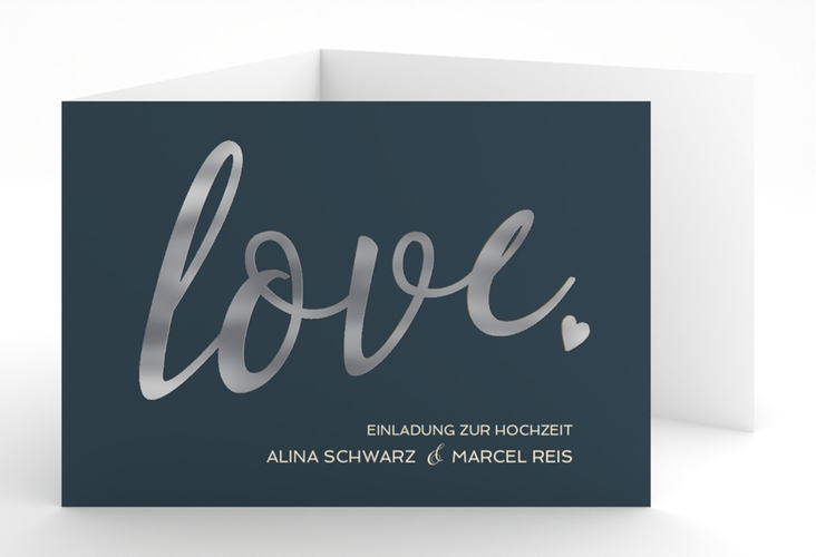 Hochzeitseinladung Glam A6 Doppel-Klappkarte blau silber