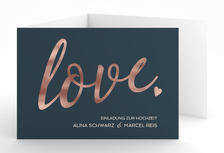 Hochzeitseinladung Glam A6 Doppel-Klappkarte blau rosegold