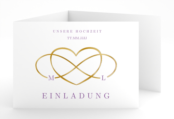 Hochzeitseinladung Infinity A6 Doppel-Klappkarte lila gold