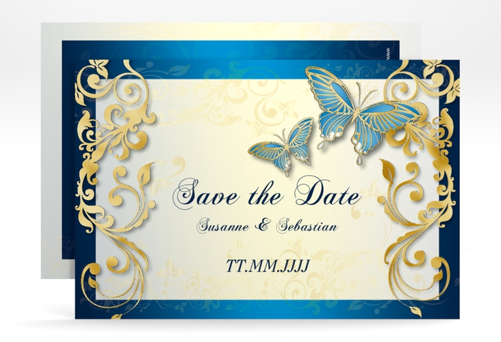 Save the Date-Karte Hochzeit Toulouse A6 Karte quer blau gold romantisch mit Schmetterlingen