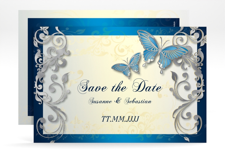 Save the Date-Karte Hochzeit Toulouse A6 Karte quer blau silber romantisch mit Schmetterlingen