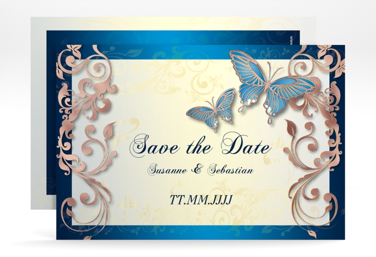 Save the Date-Karte Hochzeit Toulouse A6 Karte quer blau rosegold romantisch mit Schmetterlingen