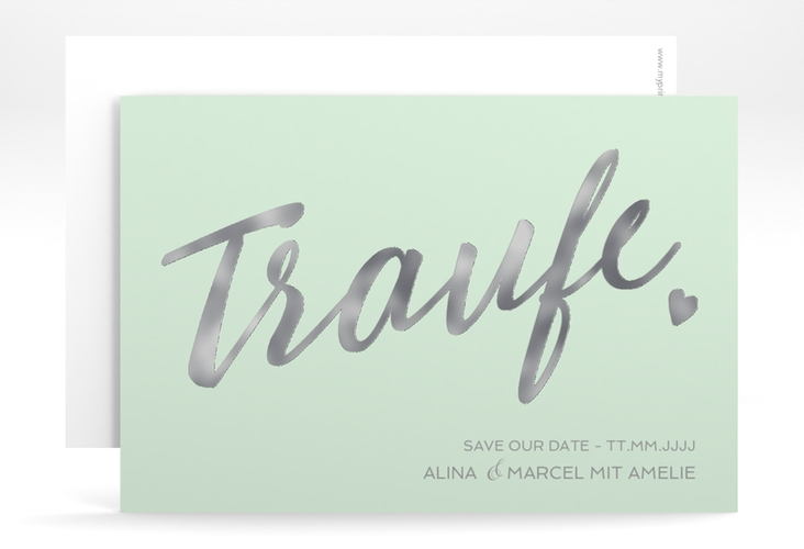 Save the Date-Karte Traufe A6 Karte quer mint silber