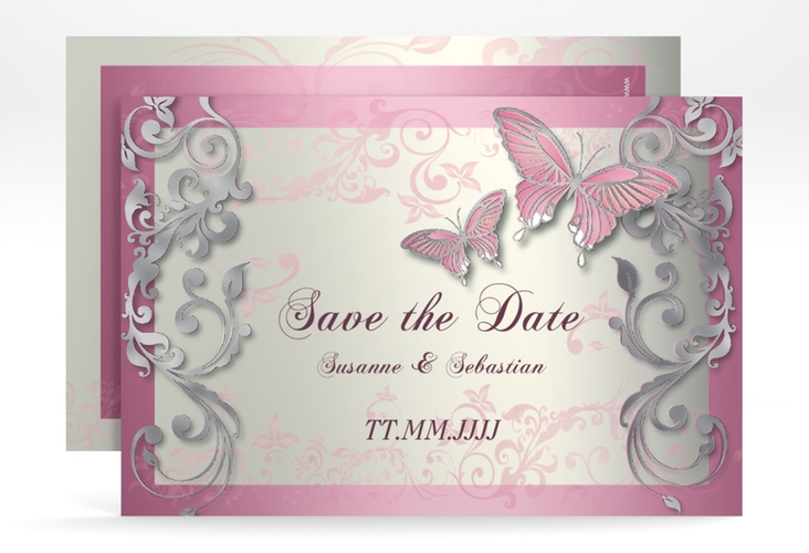 Save the Date-Karte Hochzeit Toulouse A6 Karte quer rosa silber romantisch mit Schmetterlingen