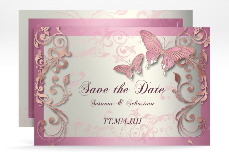 Save the Date-Karte Hochzeit Toulouse A6 Karte quer rosa rosegold romantisch mit Schmetterlingen