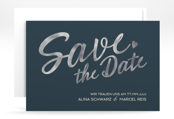 Save the Date-Karte Glam A6 Karte quer blau silber