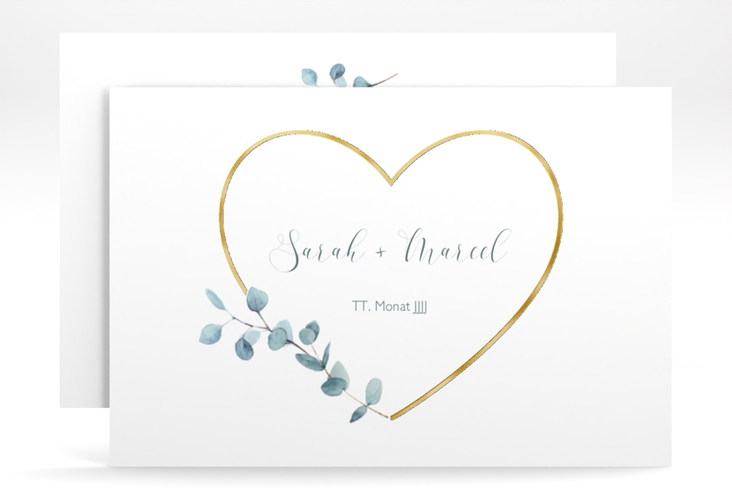 Save the Date-Karte Greenheart A6 Karte quer gold gold mit elegantem Herz und Eukalyptus-Zweig