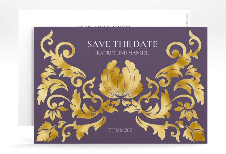 Save the Date-Karte Royal A6 Karte quer lila gold mit barockem Blumen-Ornament