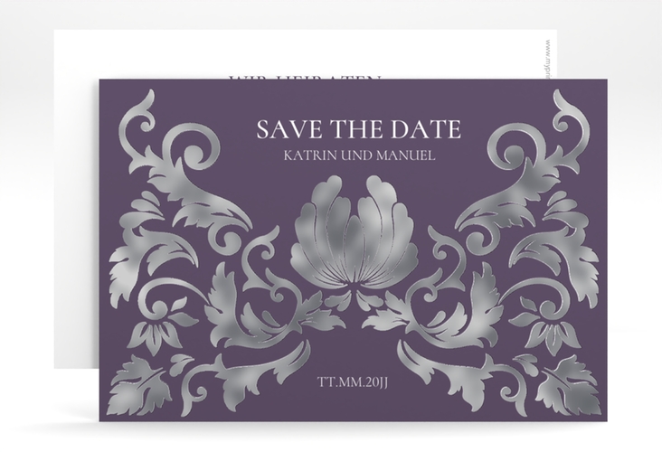 Save the Date-Karte Royal A6 Karte quer lila silber mit barockem Blumen-Ornament