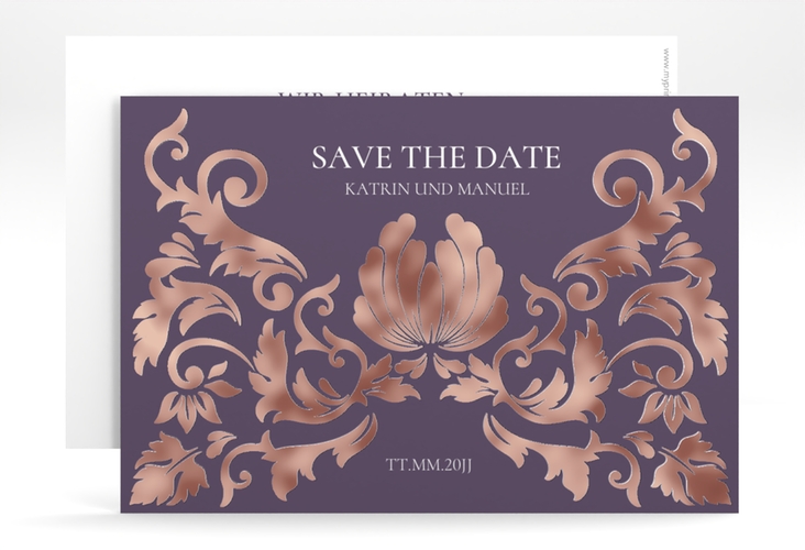 Save the Date-Karte Royal A6 Karte quer lila rosegold mit barockem Blumen-Ornament