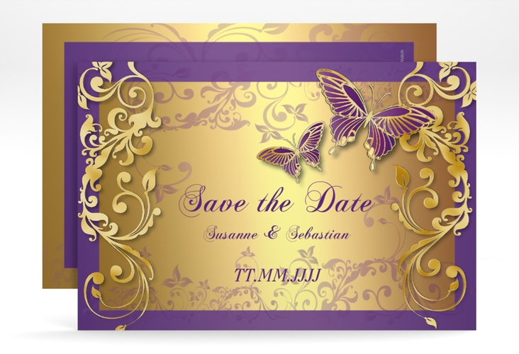 Save the Date-Karte Hochzeit Toulouse A6 Karte quer lila gold romantisch mit Schmetterlingen