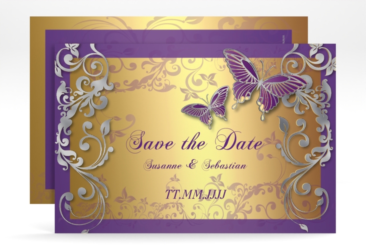 Save the Date-Karte Hochzeit Toulouse A6 Karte quer lila silber romantisch mit Schmetterlingen