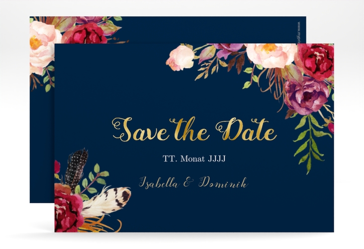 Save the Date-Karte Flowers A6 Karte quer blau gold mit bunten Aquarell-Blumen