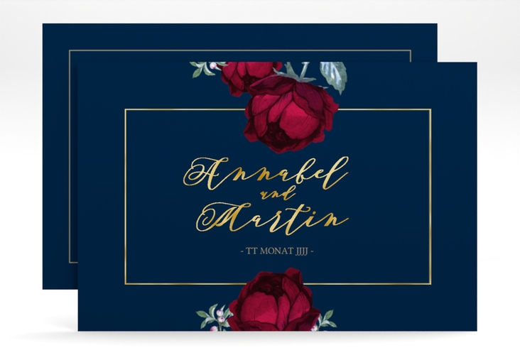 Save the Date-Karte Peonies A6 Karte quer blau gold elegant mit Pfingstrosen