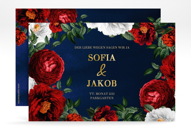 Save the Date-Karte Florista A6 Karte quer blau gold