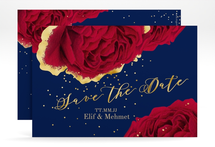 Save the Date-Karte Cherie A6 Karte quer blau gold