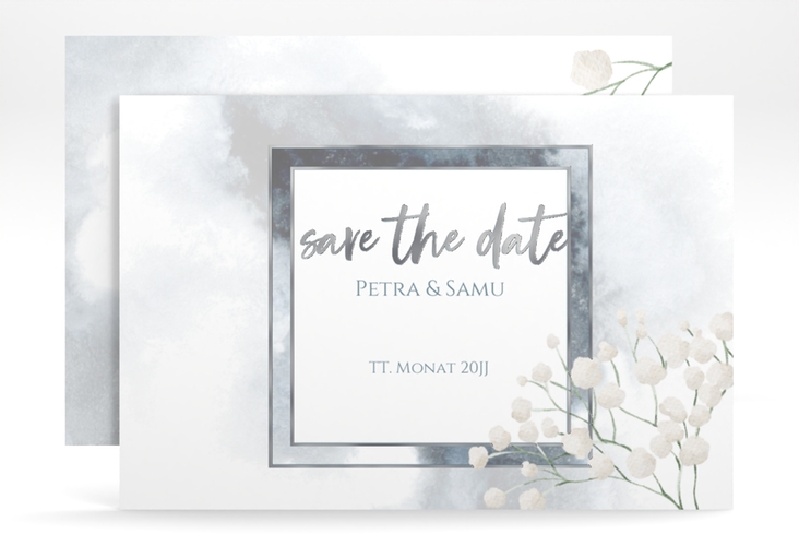 Save the Date-Karte Winter A6 Karte quer blau silber mit Schleierkraut