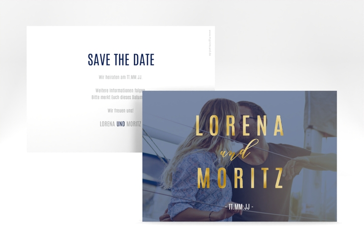 Save the Date-Karte Memory A6 Karte quer blau gold