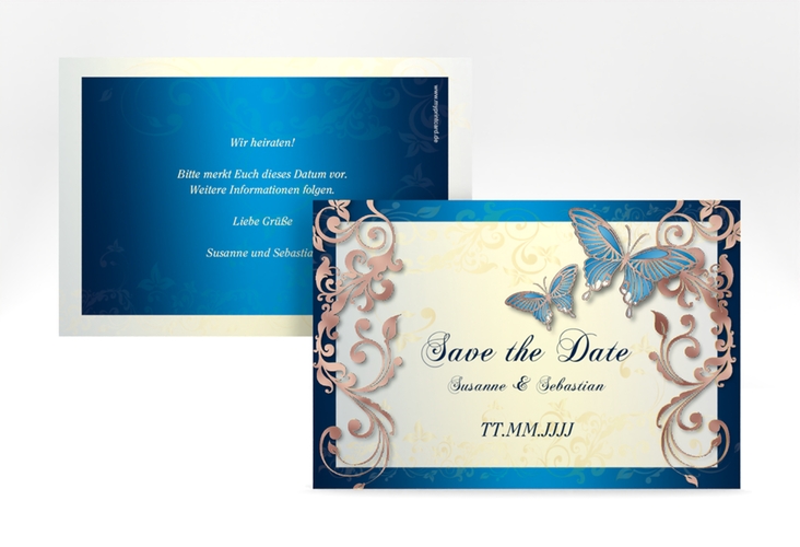 Save the Date-Karte Hochzeit Toulouse A6 Karte quer blau rosegold romantisch mit Schmetterlingen