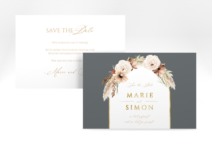 Save the Date-Karte Blumenbogen A6 Karte quer grau gold