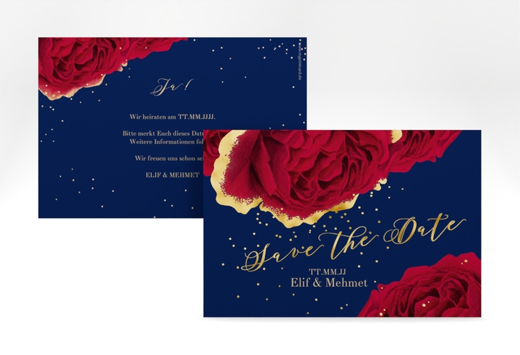 Save the Date-Karte Cherie A6 Karte quer blau gold