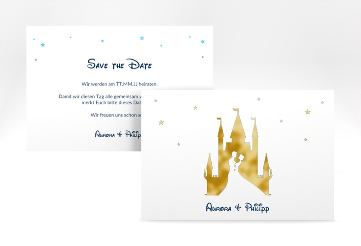 Save the Date-Karte Castle A6 Karte quer blau gold