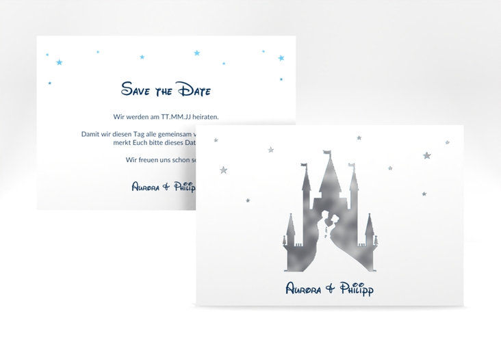 Save the Date-Karte Castle A6 Karte quer blau silber