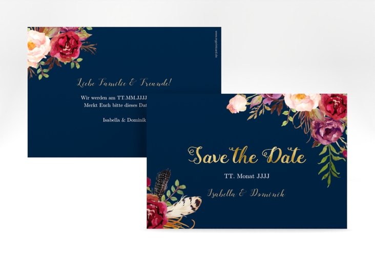 Save the Date-Karte Flowers A6 Karte quer blau gold mit bunten Aquarell-Blumen