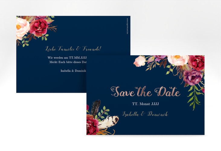 Save the Date-Karte Flowers A6 Karte quer blau rosegold mit bunten Aquarell-Blumen